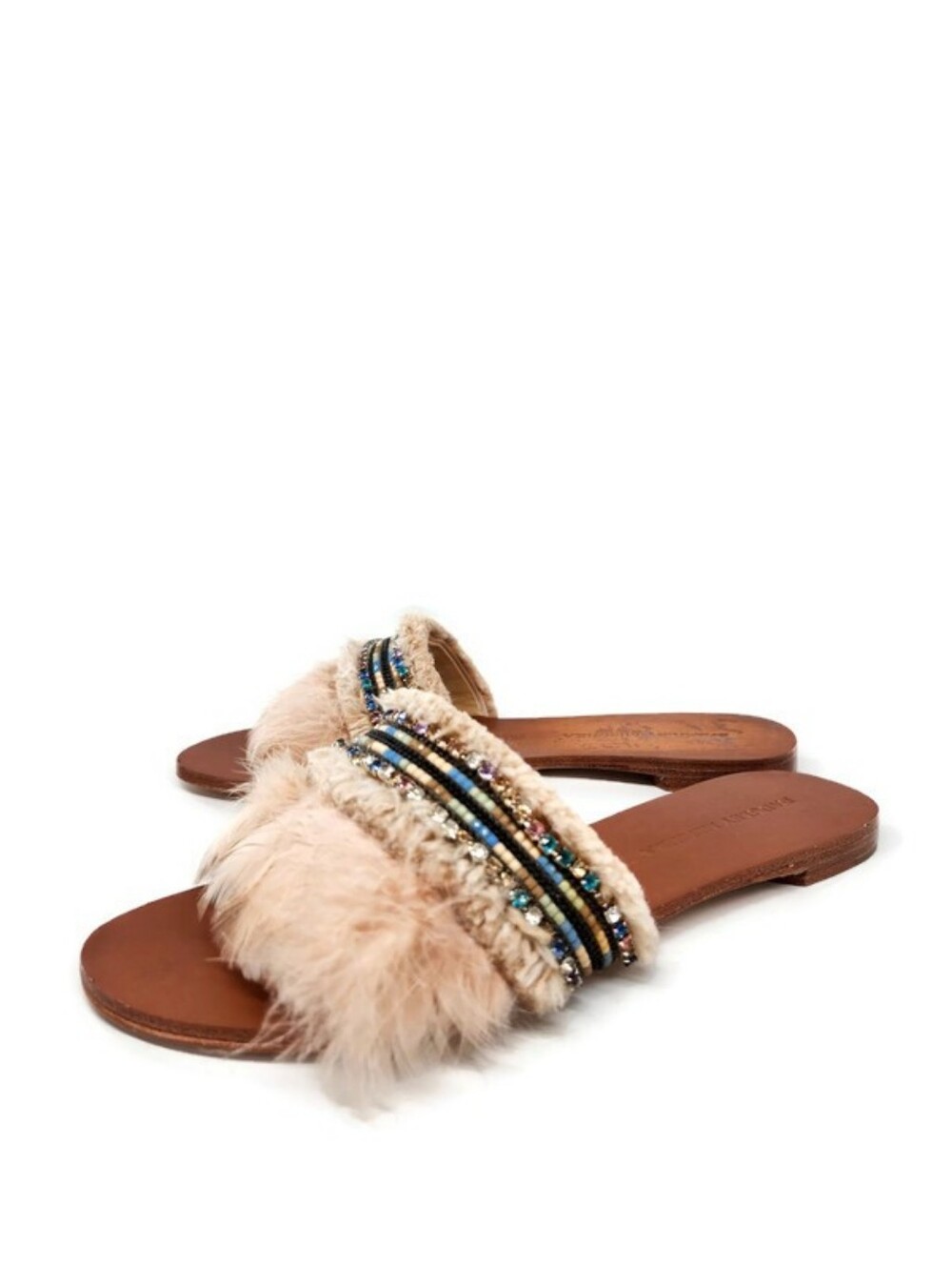 Badgley Mischka Fortune Nude Cream Feathers Beads Open-Toe Flat Slide-On Sandals
